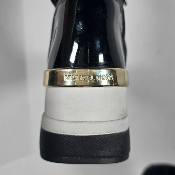 Michael Kors Liv Wedge Booties Womens 5 Black Brown‎ Monogram Soft Knit - Picture 7 of 12